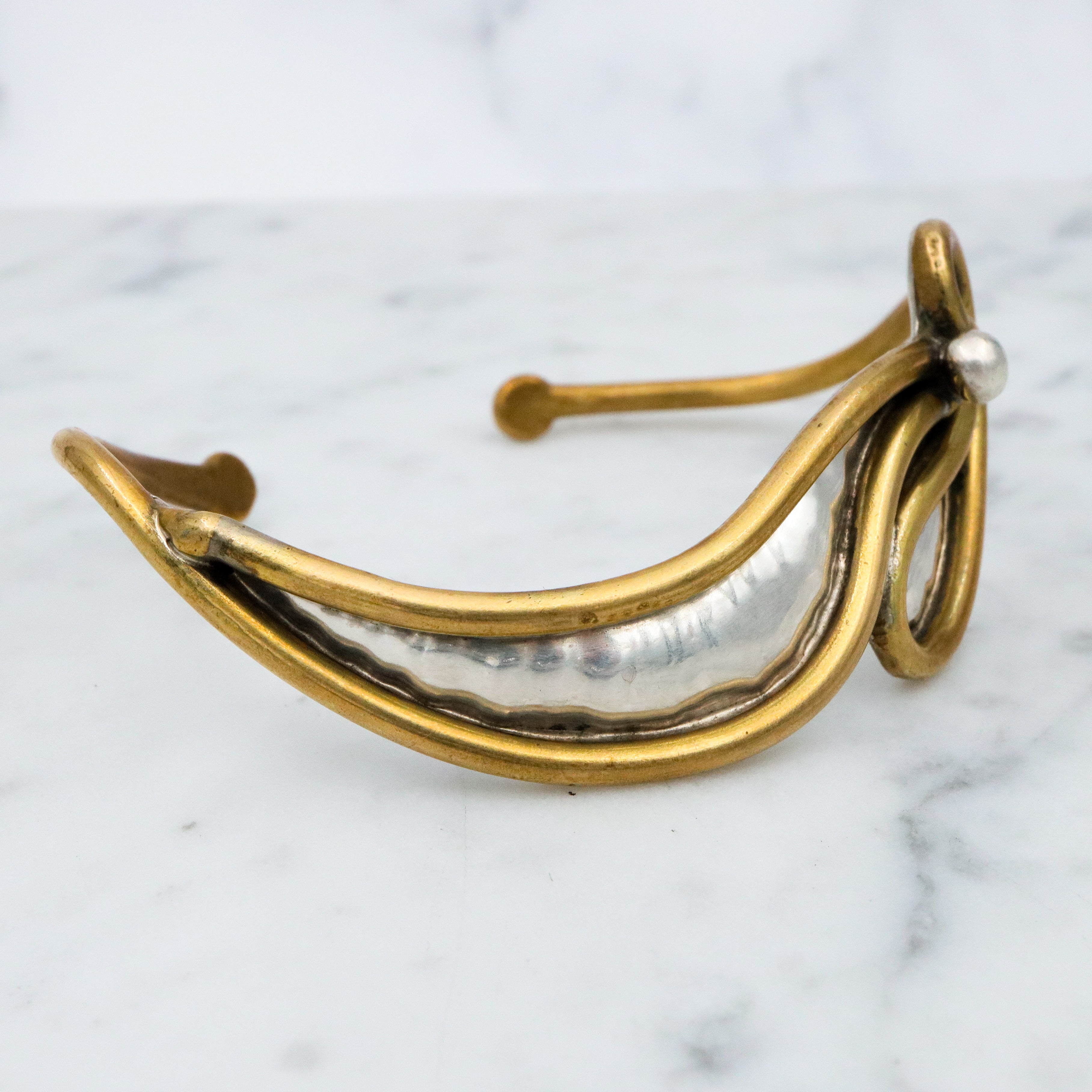 MCM handmade sterling & brass free form wave cuff bracelet